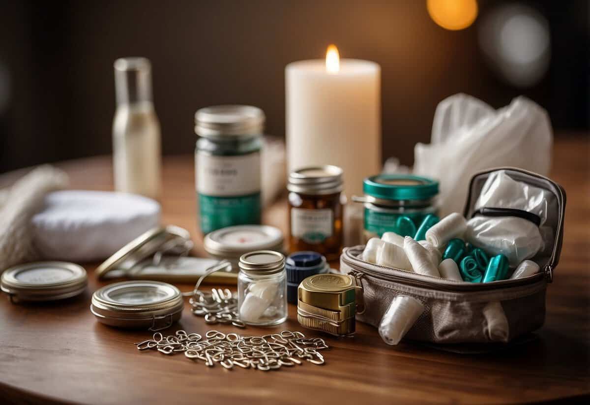 A table displays a wedding emergency kit with items like safety pins, sewing kit, breath mints, and tissues neatly organized