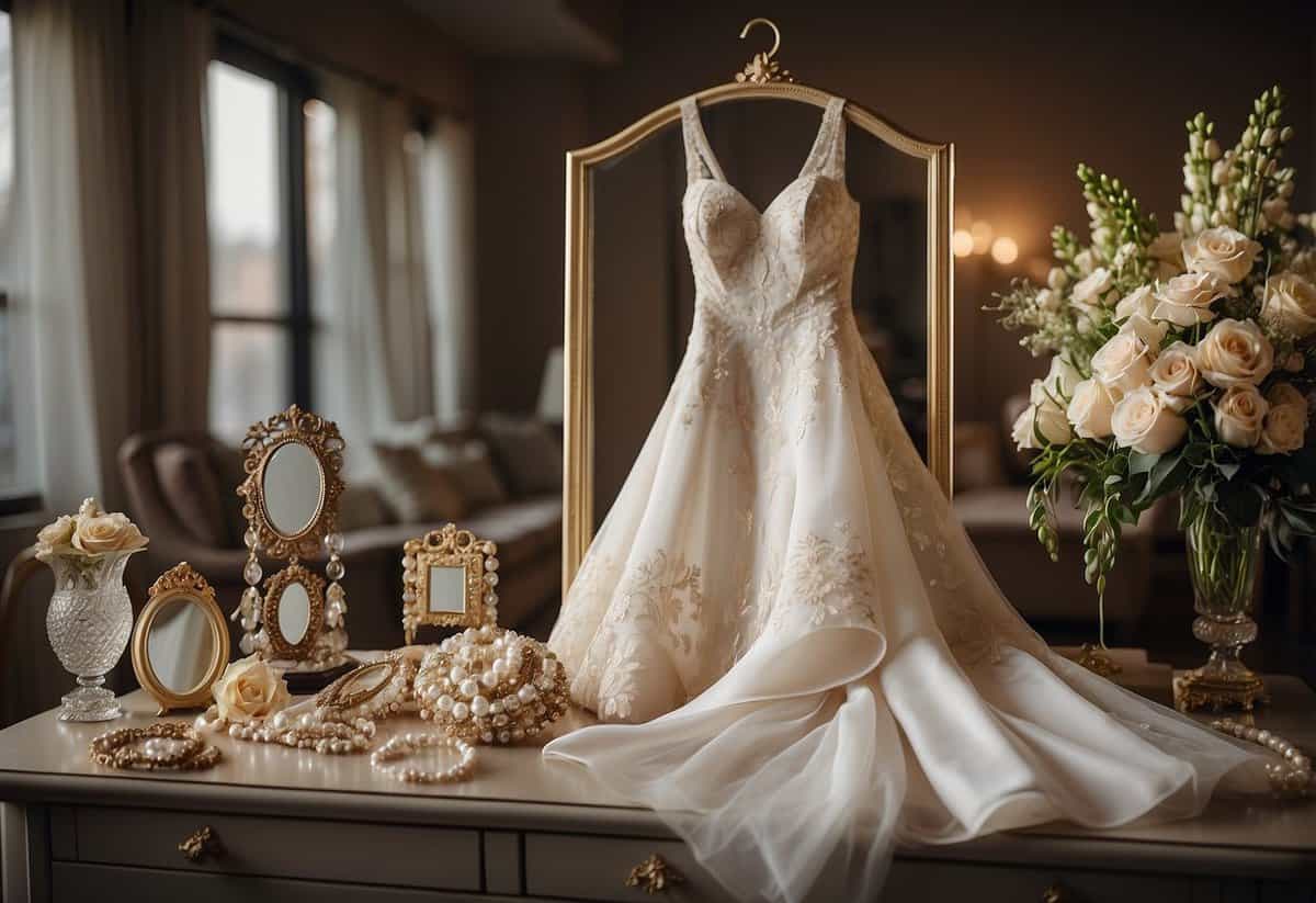 A bride's wedding dress hangs on a hanger, surrounded by jewelry, shoes, and a bouquet on a table. A mirror reflects the serene scene