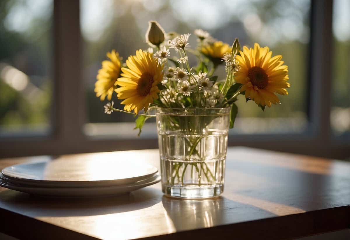 A glass of water sits on a table next to a vase of flowers. Sunlight streams through a window, illuminating the scene
