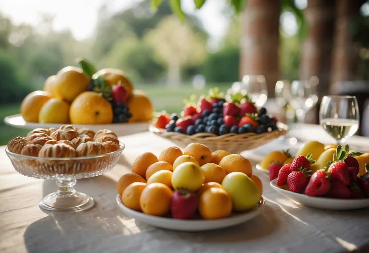 A table set with fresh fruits, pastries, and drinks, surrounded by soft morning light, awaits the bride and groom before their wedding ceremony