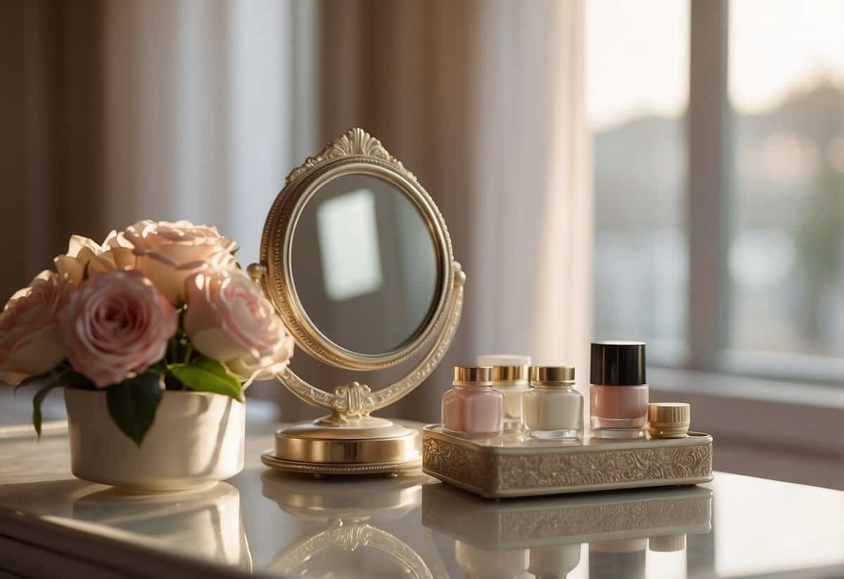 A compact mirror, lipstick, powder, and brush laid out on a lace-trimmed dressing table. A soft morning light streams through a window, casting a warm glow on the items