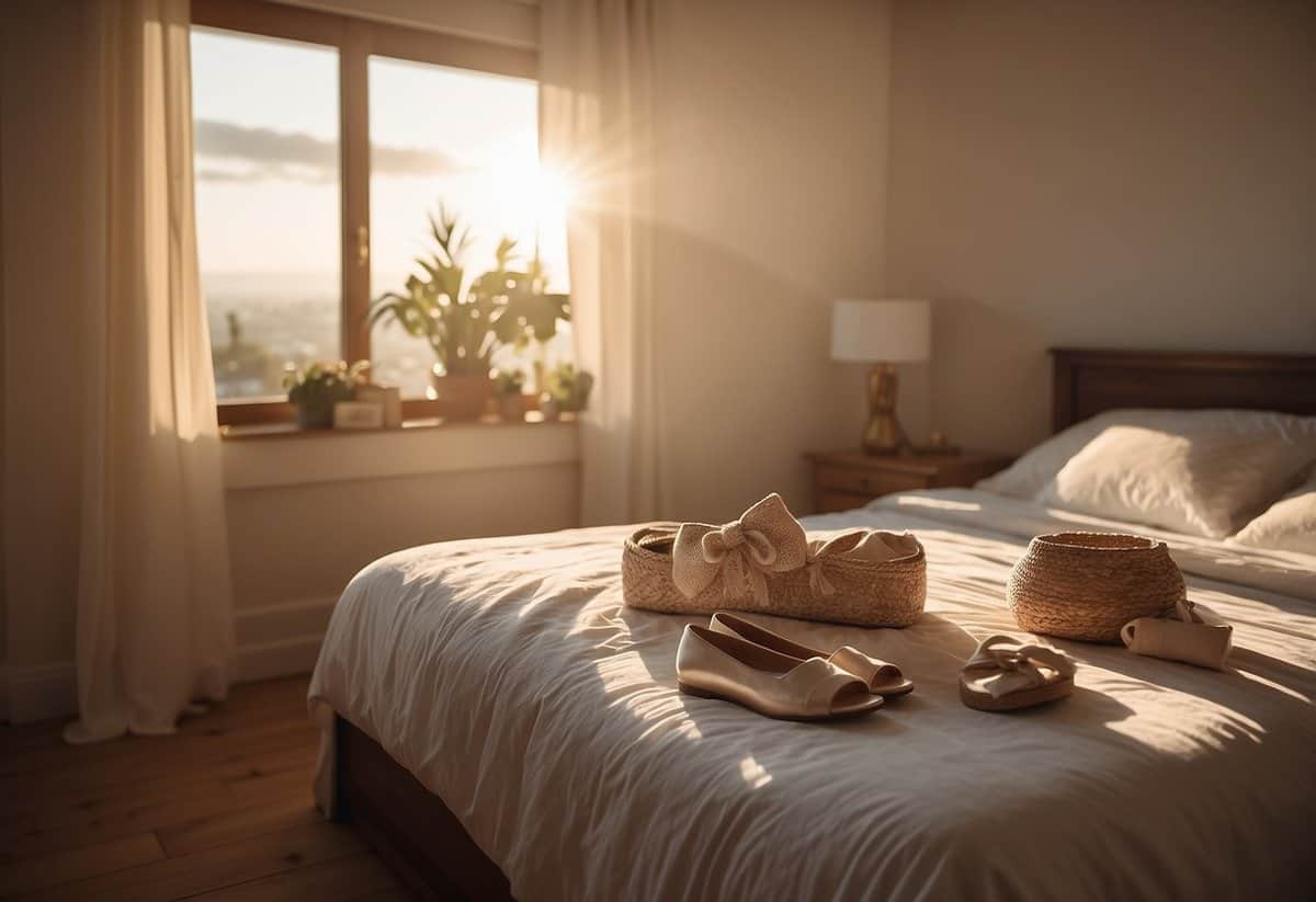 The sun rises over a serene bedroom. A neatly laid out wedding dress, shoes, and accessories are displayed, while a checklist and schedule sit on the bedside table. A soft glow illuminates the room, hinting at the excitement and anticipation of the