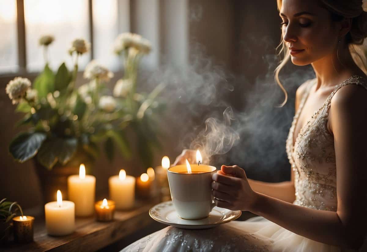 A serene bride sits cross-legged, surrounded by calming candles and a steaming cup of herbal tea. Sunlight streams in, casting a warm glow on her peaceful expression