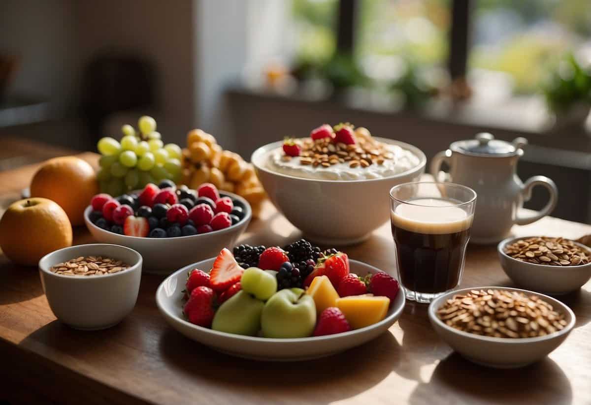 A table set with a colorful array of fruits, granola, yogurt, and a variety of whole grain breads and spreads. A pot of freshly brewed coffee steams in the background