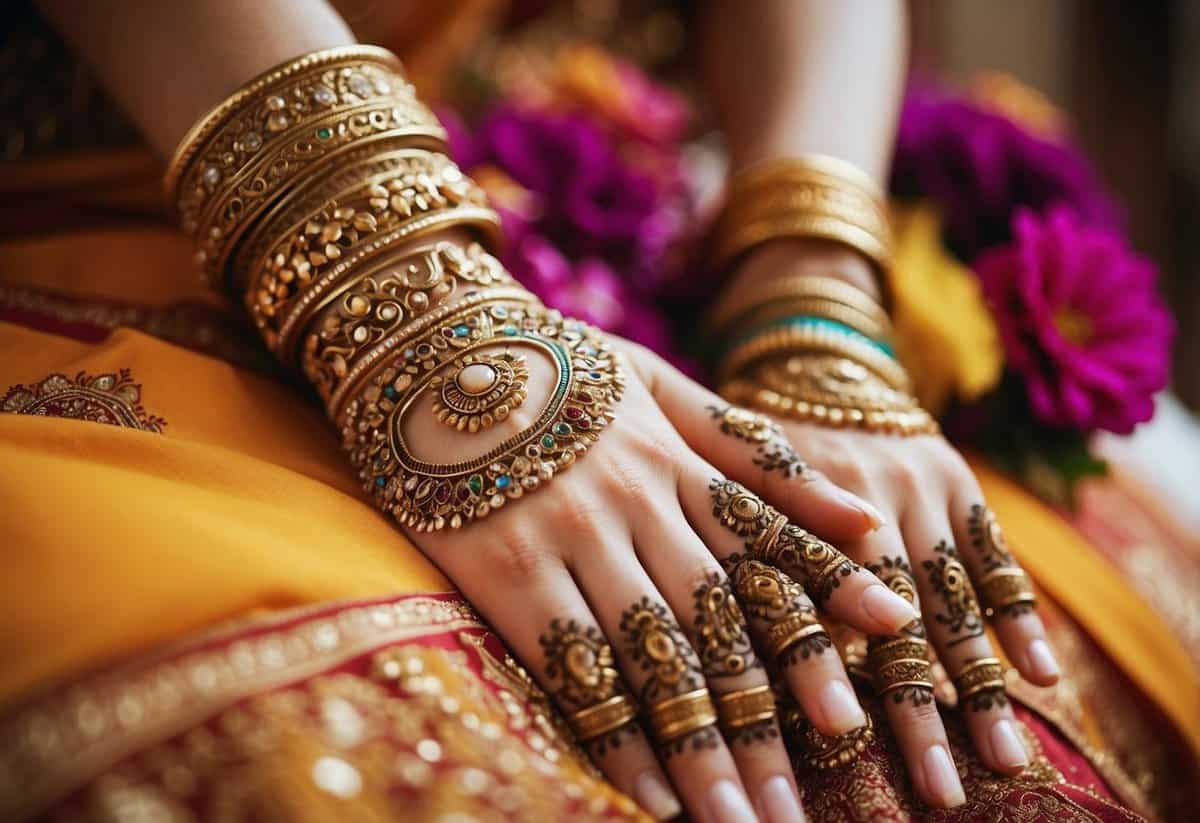 Vibrant fabrics and intricate henna designs adorn the traditional Indian wedding setting, with colorful flowers and ornate decorations adding to the opulent ambiance