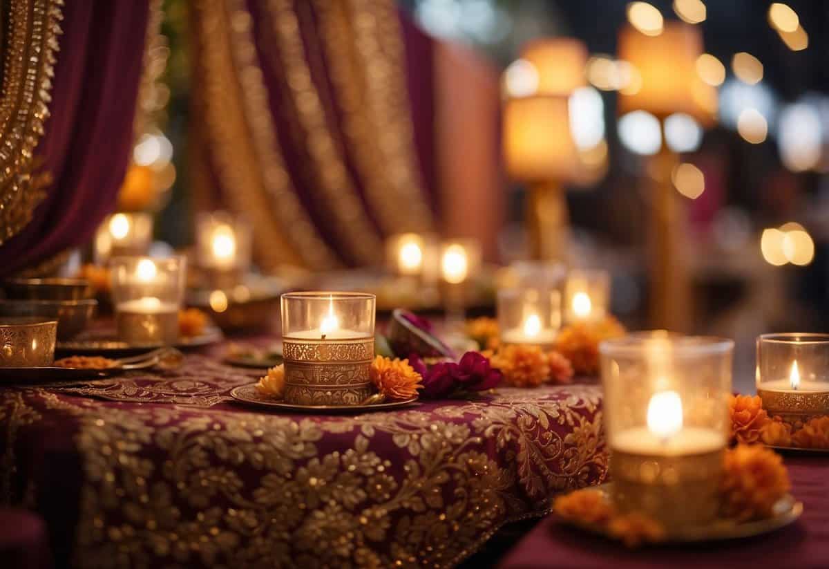 Soft, warm lighting cascades over richly colored fabrics and intricate decor, creating a serene and inviting atmosphere for an Indian wedding celebration