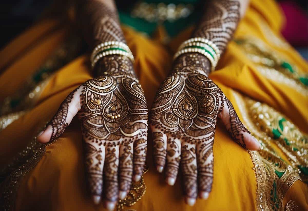 Vibrant, intricate mehndi designs adorn a bride's hands and feet, complementing her traditional Indian wedding attire. Rich colors and delicate patterns create a stunning visual display