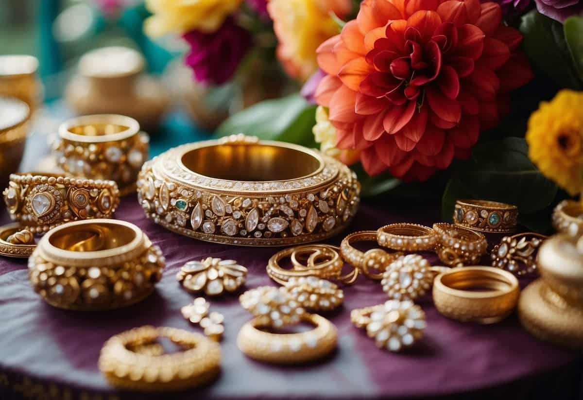 A table adorned with intricate Indian bridal jewelry, including sparkling necklaces, earrings, and bangles, set against a backdrop of vibrant fabrics and floral arrangements