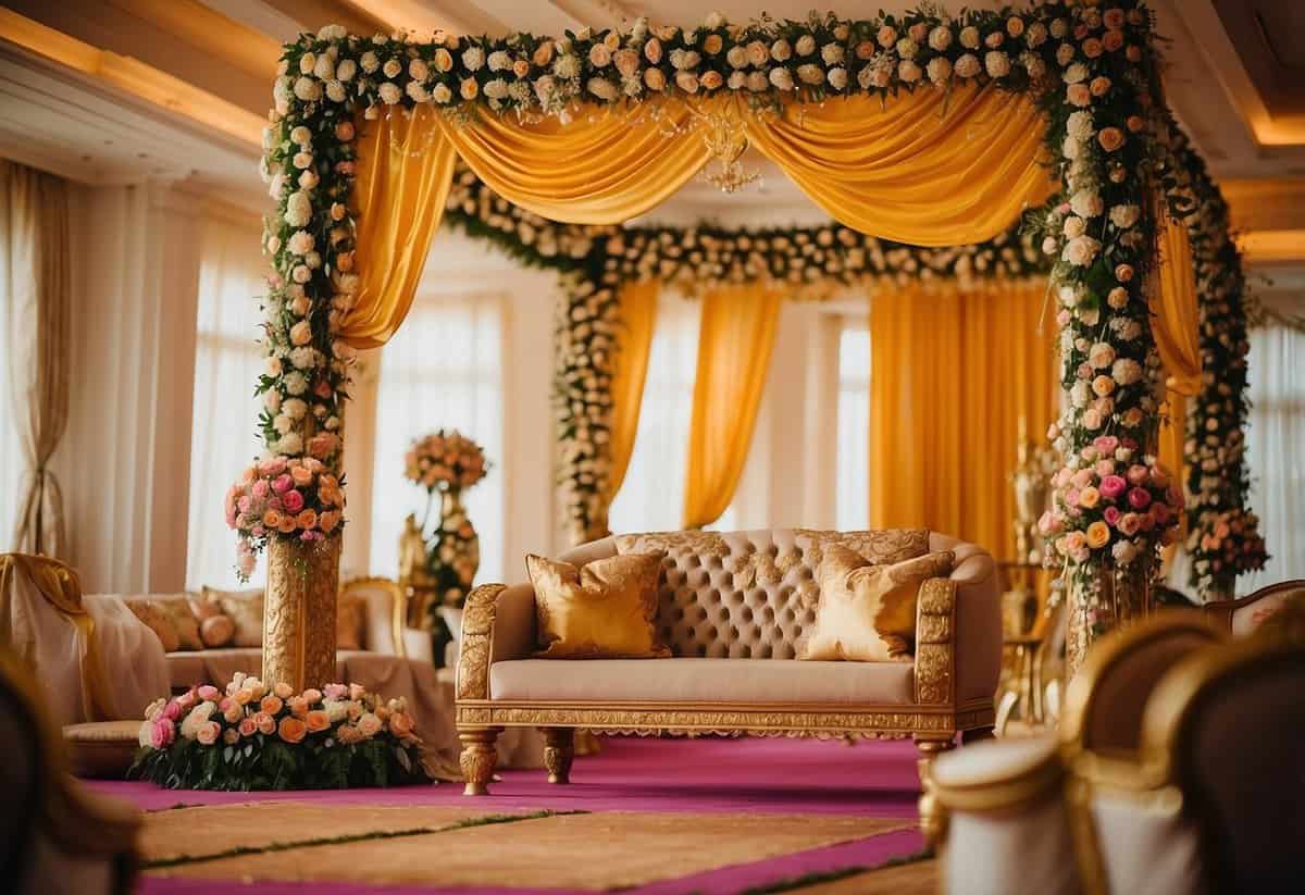 Vibrant flowers and intricate drapery adorn the mandap, with gold accents and ornate details adding to the luxurious Indian wedding styling