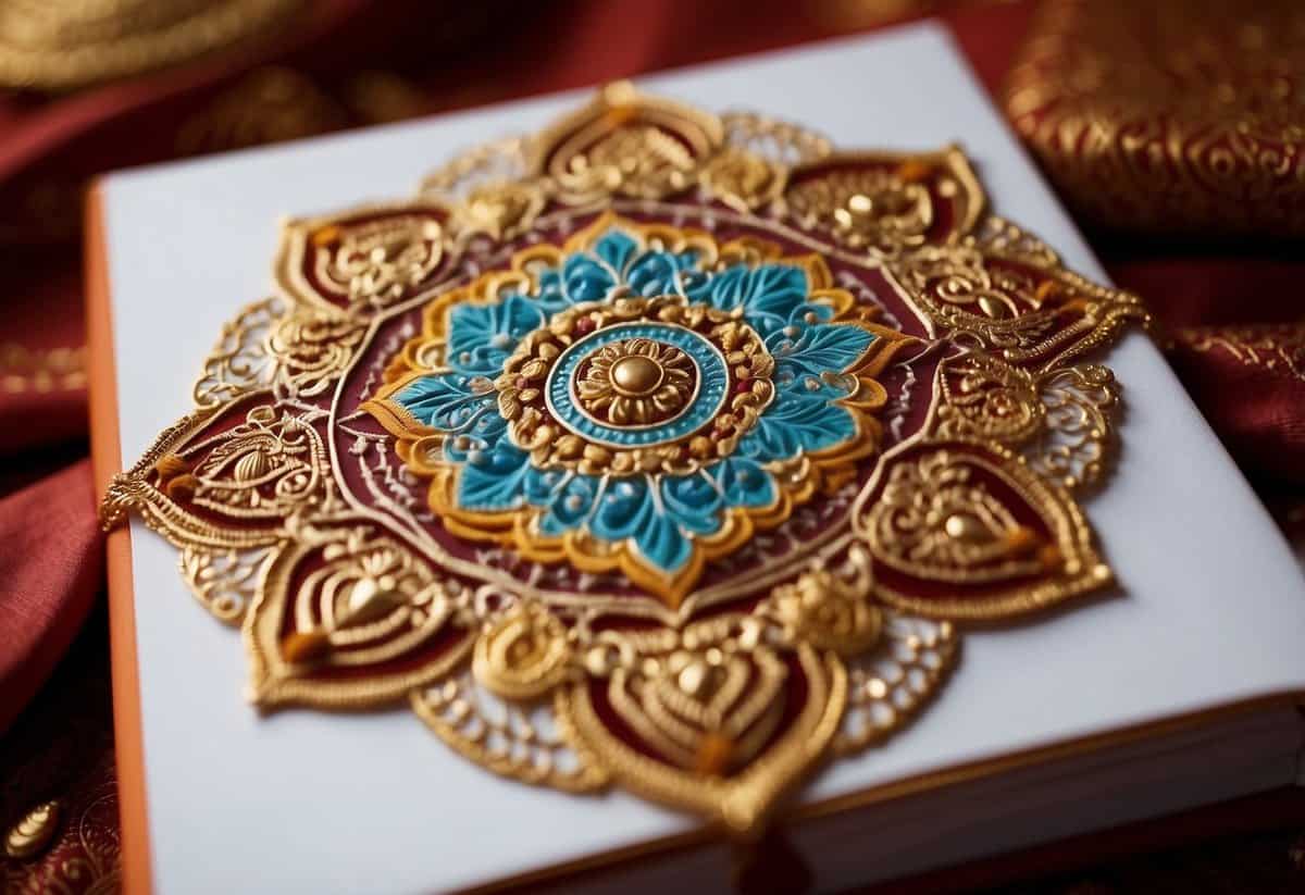 A vibrant mandala design adorns the center of the wedding invitation, surrounded by intricate henna patterns and traditional Indian motifs. Vibrant colors and gold accents bring the invitation to life, capturing the essence of Indian wedding styling