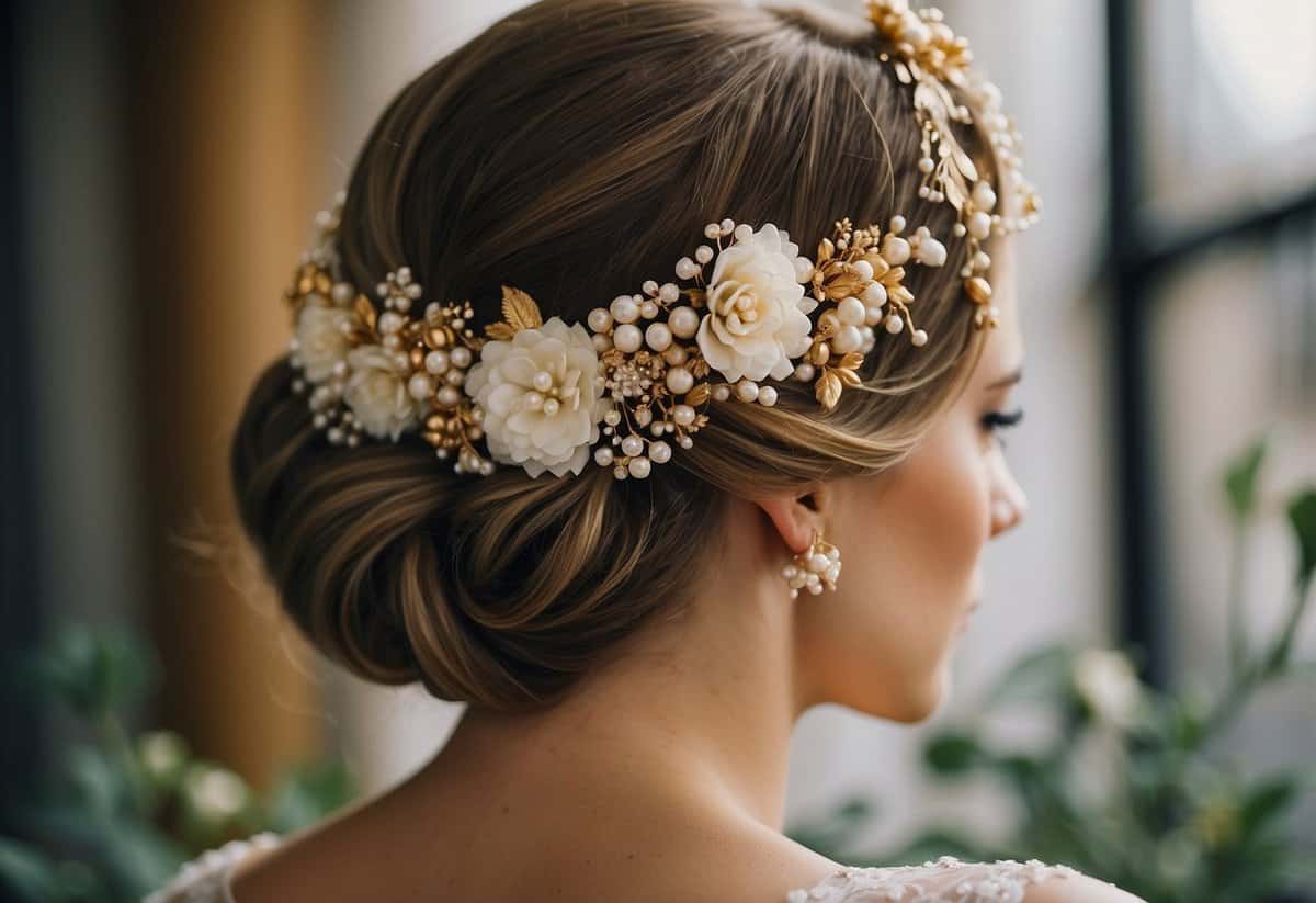 A bride's hair adorned with intricate gold and pearl hair accessories, complemented by vibrant flowers and delicate beading