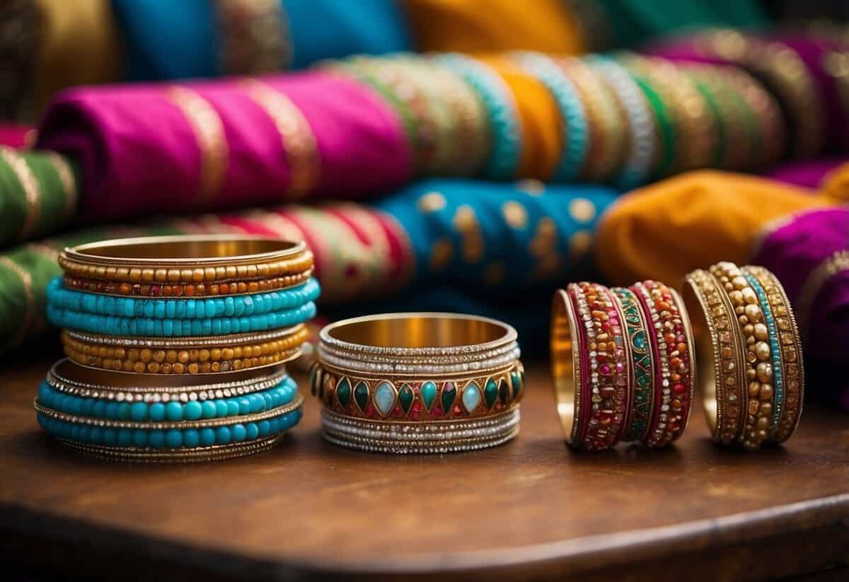 A table adorned with colorful statement bangles, traditional Indian fabrics, and intricate jewelry