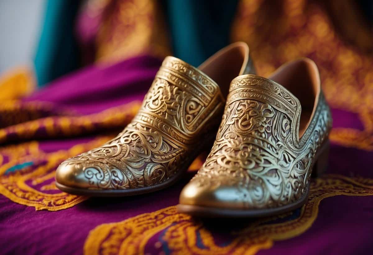 Vibrant, ornate Indian footwear arranged on a richly patterned fabric with henna designs in the background