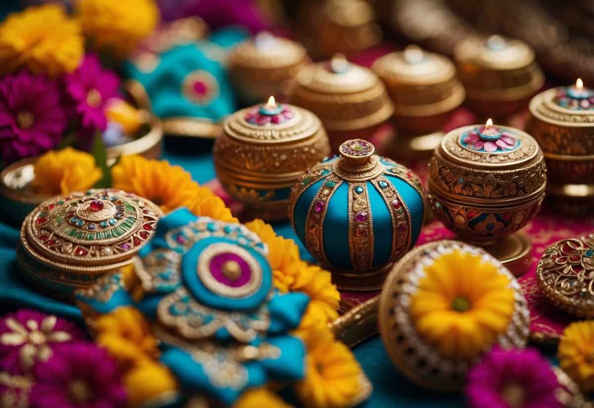 Colorful, intricate wedding favors displayed on a table with traditional Indian motifs and patterns. Bright flowers and ornate decorations add to the festive atmosphere