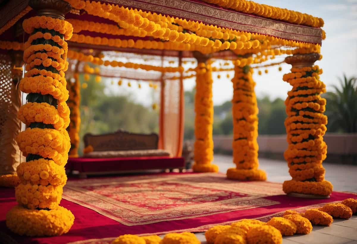 A vibrant mandap adorned with marigold garlands, rich red and gold fabrics, and intricate henna designs on the floor
