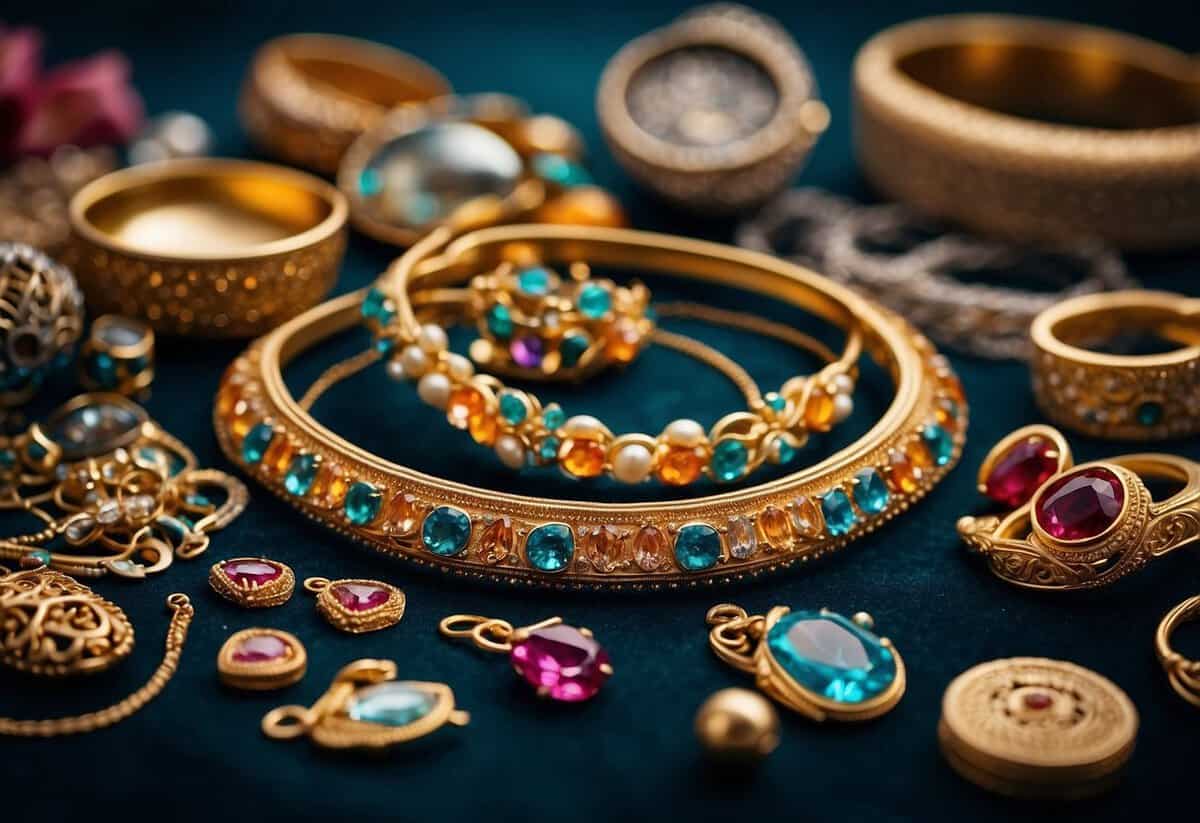 A colorful array of intricate jewelry and accessories arranged on a velvet backdrop, including ornate necklaces, earrings, bangles, and hair ornaments