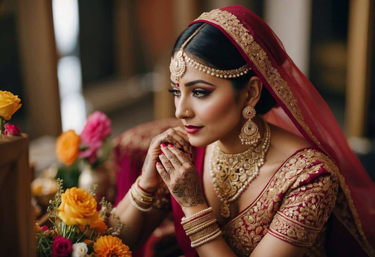 An Indian bride sits in front of a mirror, adorned with intricate henna designs and wearing traditional jewelry. A makeup artist applies bold eye makeup and a bright lip color, while a hairstylist creates an elaborate updo with fresh flowers woven throughout