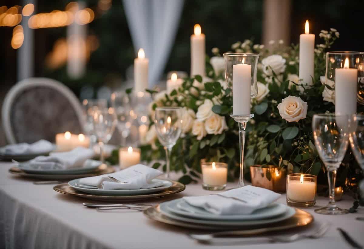 A beautifully set table with elegant place settings, floral centerpieces, and soft candlelight creates a romantic and intimate atmosphere for a wedding dinner