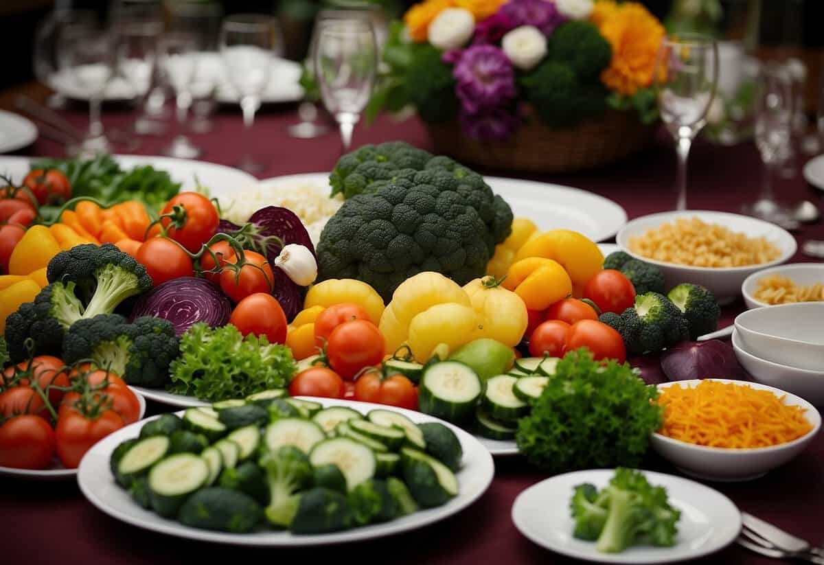 A table set with a variety of colorful seasonal vegetables, arranged in an elegant and appetizing display for a wedding dinner