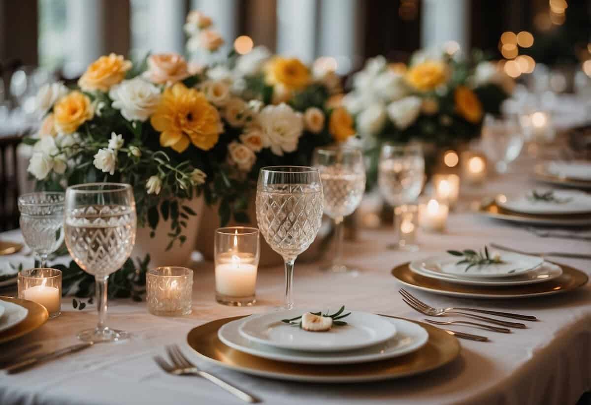 A table set with elegant dinnerware, personalized menus, and floral centerpieces awaits guests at a wedding reception