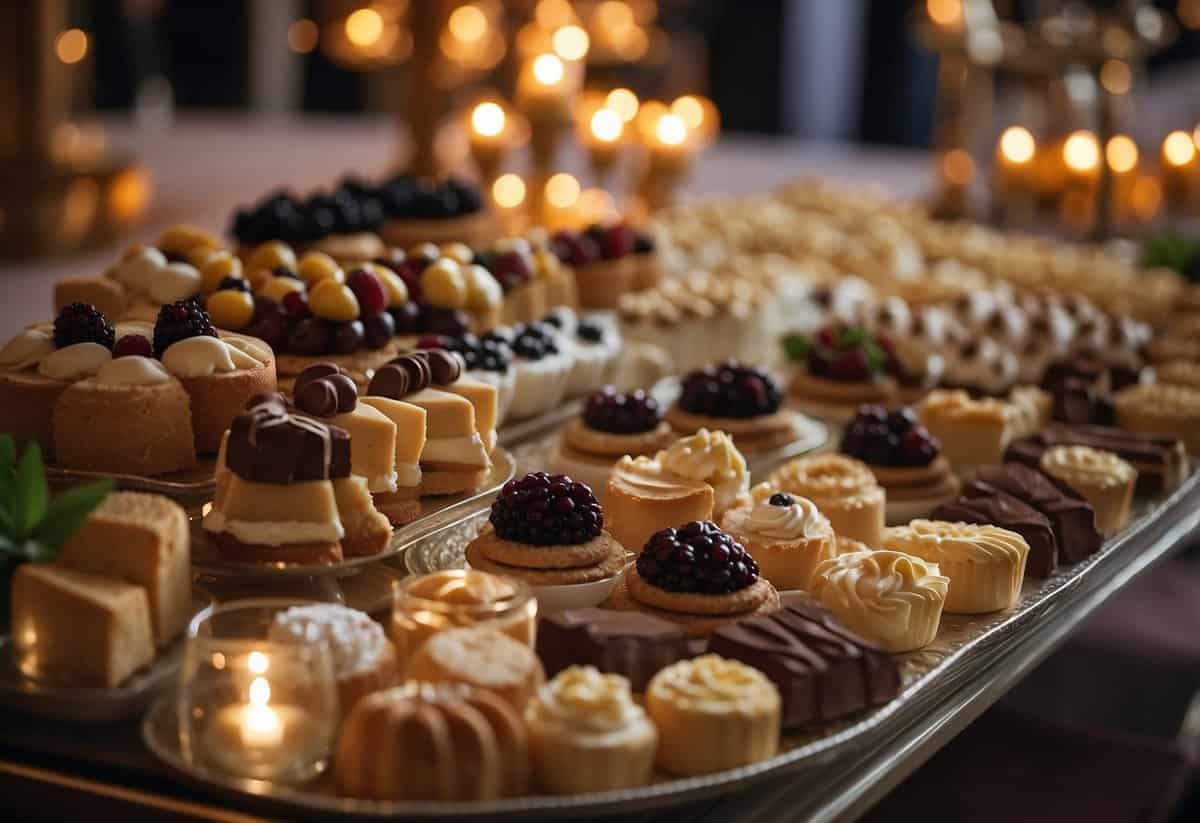 A lavish dessert buffet is set up at a wedding dinner, featuring an array of decadent sweets and treats beautifully displayed on ornate platters and stands