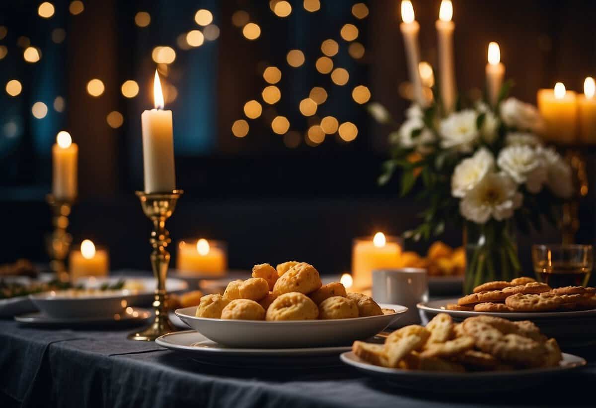 A table set with elegant late-night snacks, dimly lit by candles, awaits hungry wedding guests