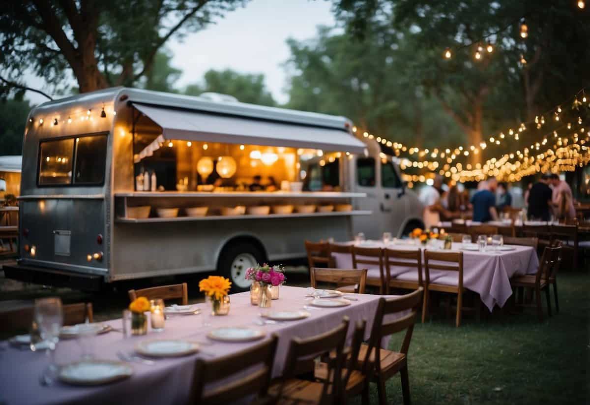 A food truck parks at a wedding venue, serving a surprise dinner to guests. Tables are set with colorful linens and twinkling lights, creating a festive atmosphere