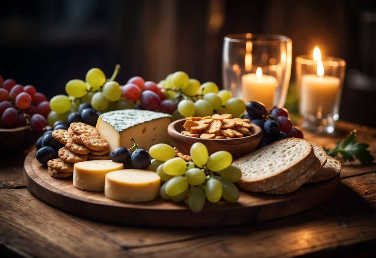 A cheese platter sits on a rustic wooden table, surrounded by grapes and crackers. Soft candlelight illuminates the elegant wedding dinner setting
