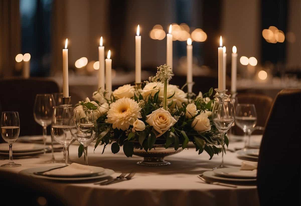 The elegant dining room is softly lit with flickering candles and adorned with fresh flowers, creating a romantic and intimate ambiance for a wedding dinner