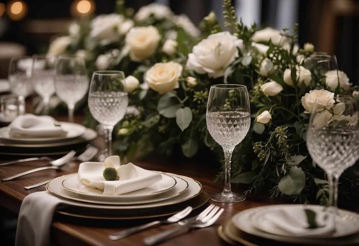 A table set with elegant dinnerware, featuring a variety of menu options for a wedding dinner. The spread includes beautifully arranged dishes and decorative accents