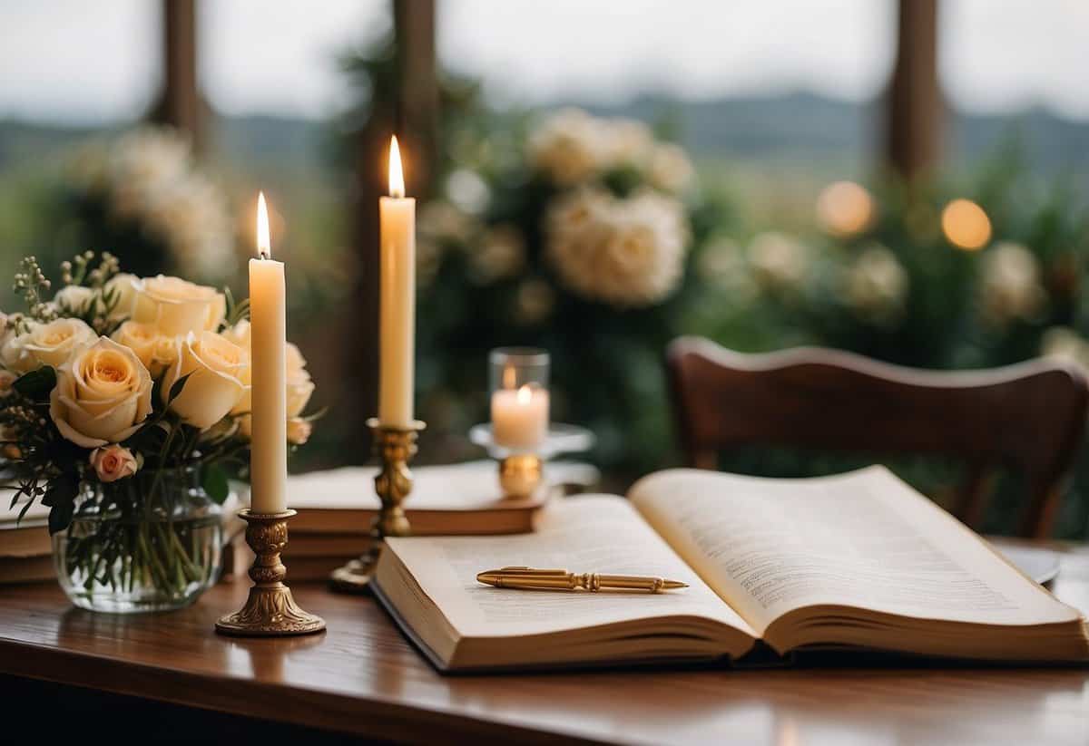 A table with a pen, paper, and a book on wedding vows. Flowers and candles decorate the scene