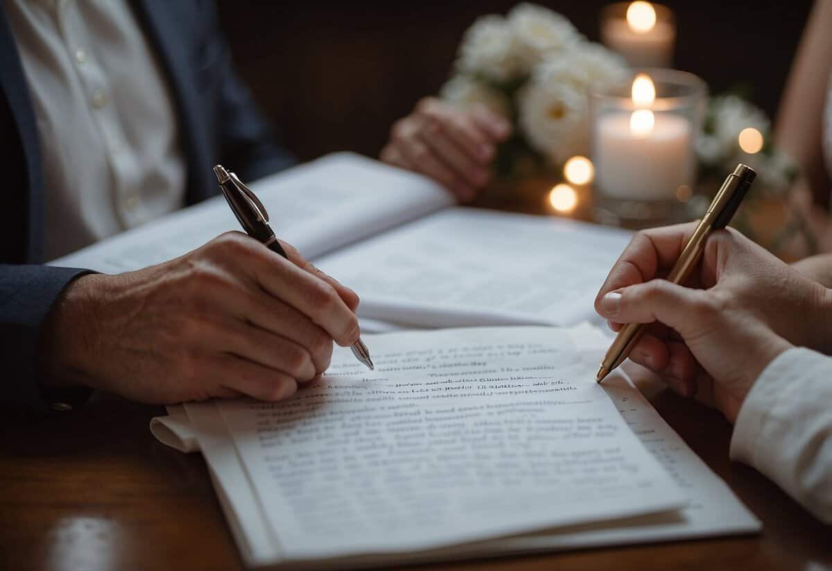 A couple's hands hold a pen and paper, with a list of Shared Hopes' tips for writing wedding vows. A soft, romantic ambiance fills the room