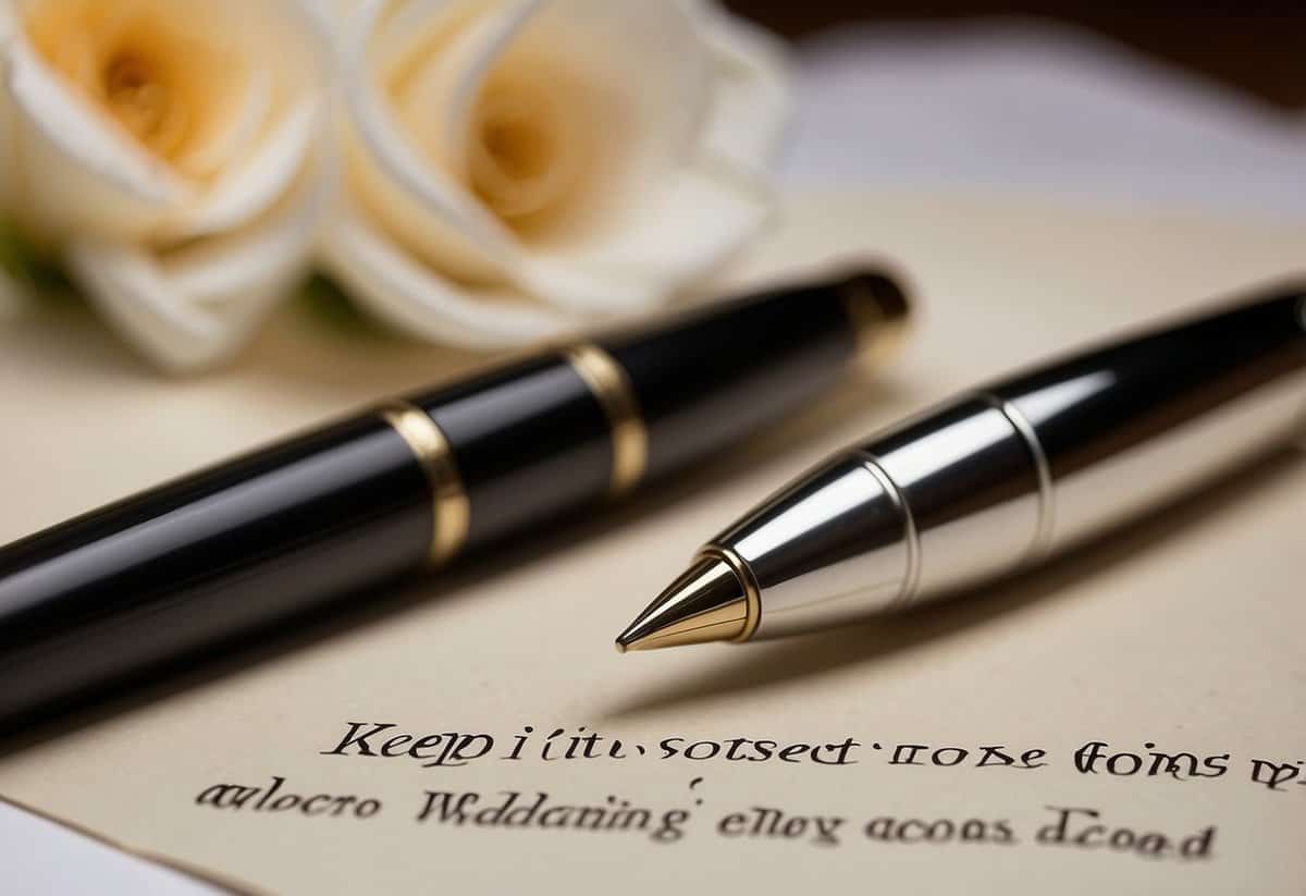 A pen poised over a blank sheet of paper with the words "Keep it Short and Sweet tips for writing wedding vows" written at the top