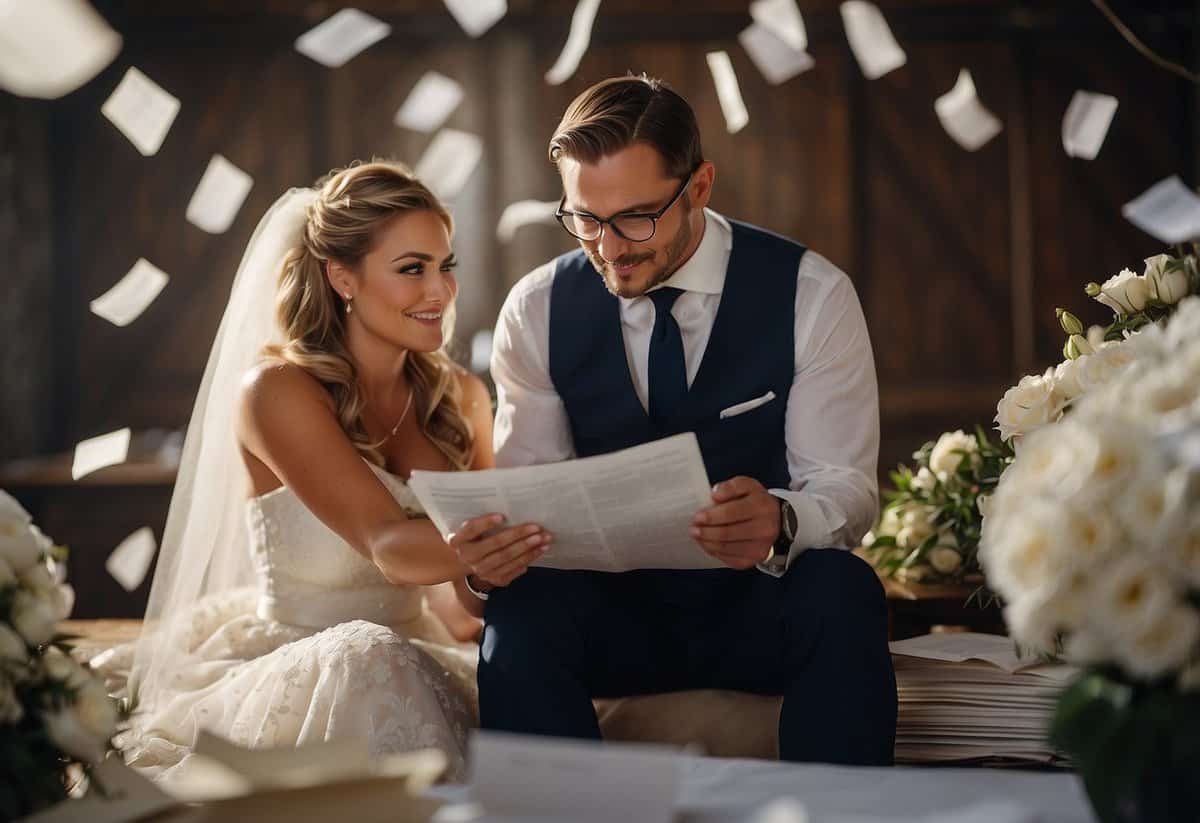 A groom struggles to write vows, surrounded by crumpled papers and a comically large dictionary. His bride looks on, amused