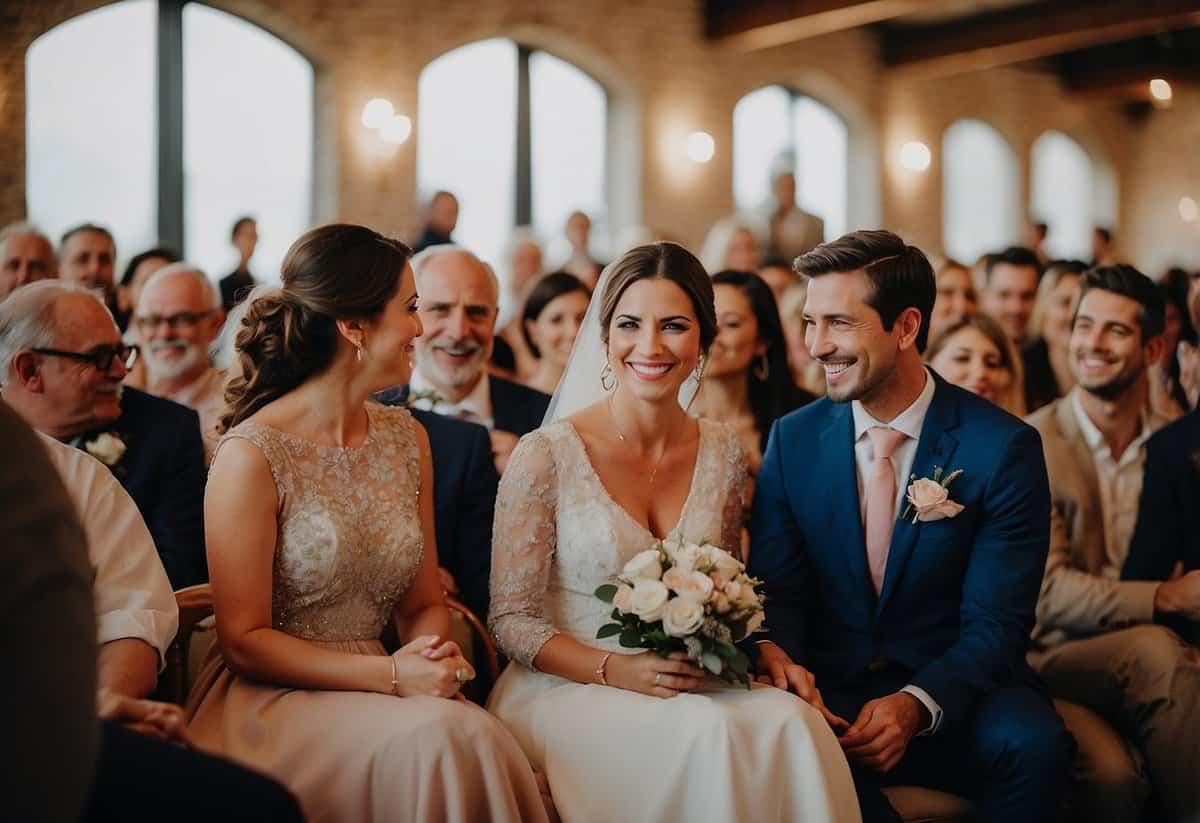 A couple sitting together, surrounded by their partner's family members, exchanging vows with smiles and nods of approval