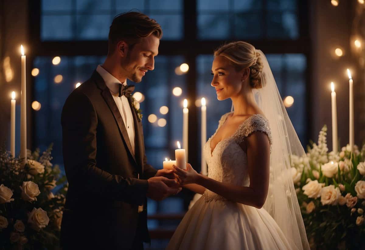 A bride and groom stand facing each other, surrounded by flowers and soft candlelight. They hold handwritten vows, exchanging tender glances and heartfelt words
