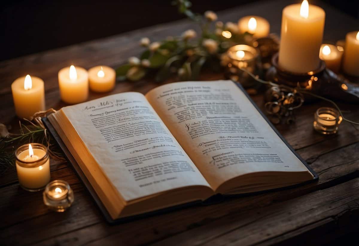 A wedding vow book lays open on a rustic wooden table, surrounded by scattered pages and a quill pen. The soft glow of candlelight illuminates the heartfelt words written on the pages