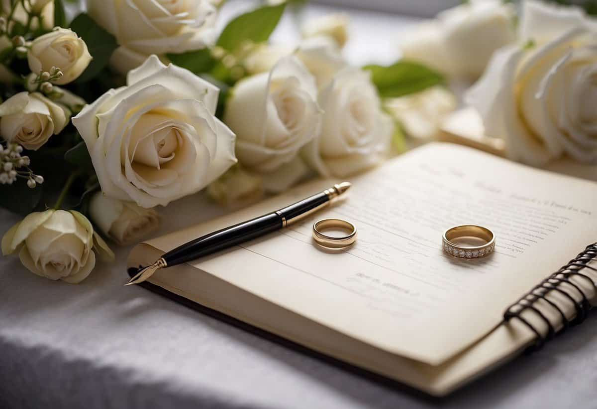 A blank page with a pen, surrounded by wedding-related items like rings, flowers, and a photo frame