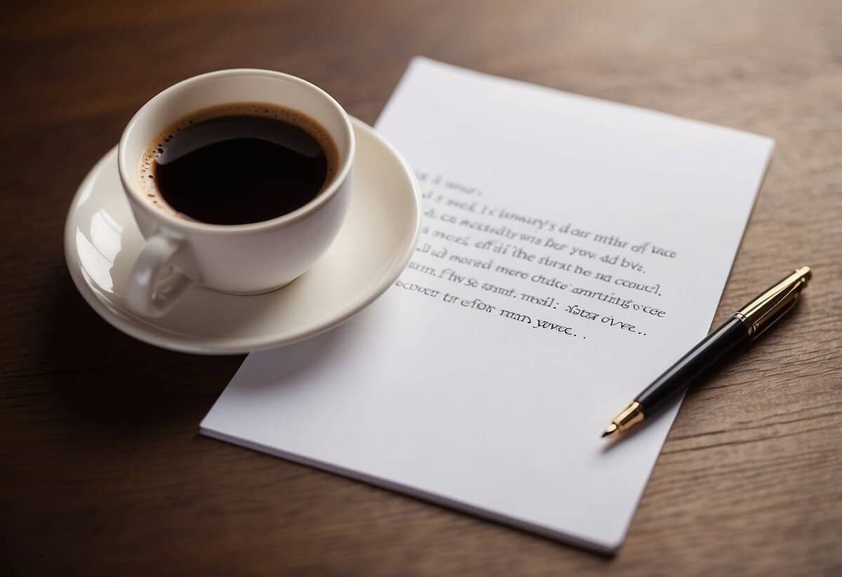 A blank piece of paper surrounded by a pen, a cup of coffee, and a stack of books. A list of dos and don'ts for writing wedding vows is written out neatly on the paper