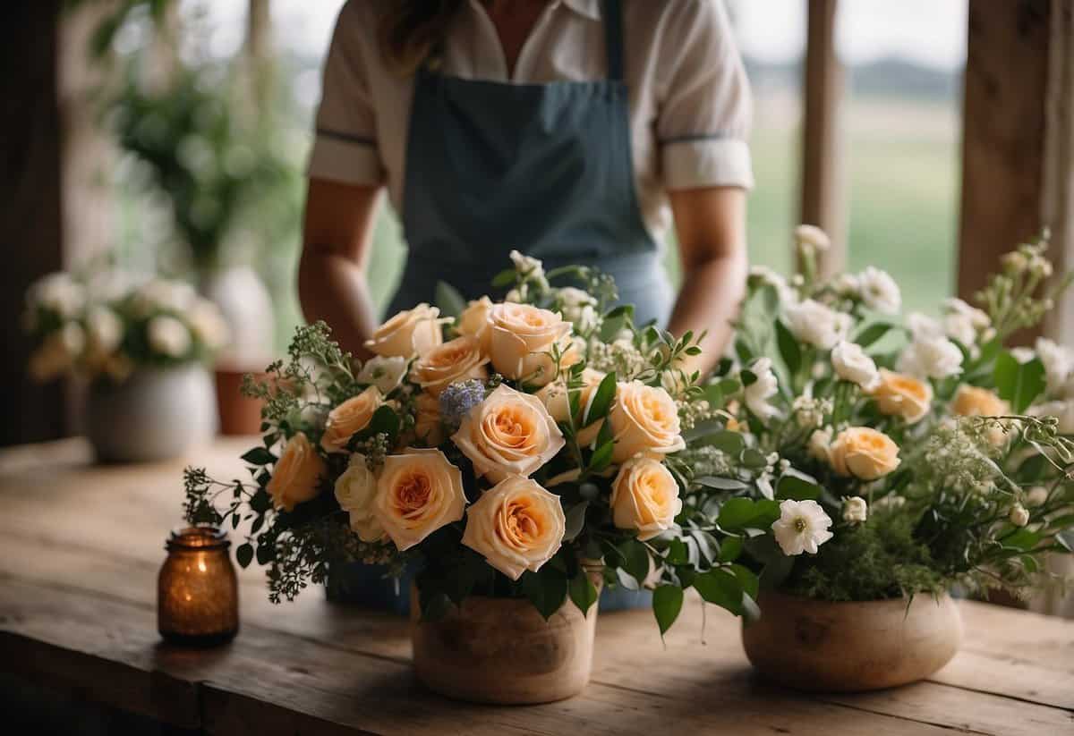 A wedding florist arranging a bouquet of fresh flowers in a rustic, elegant setting with soft natural lighting