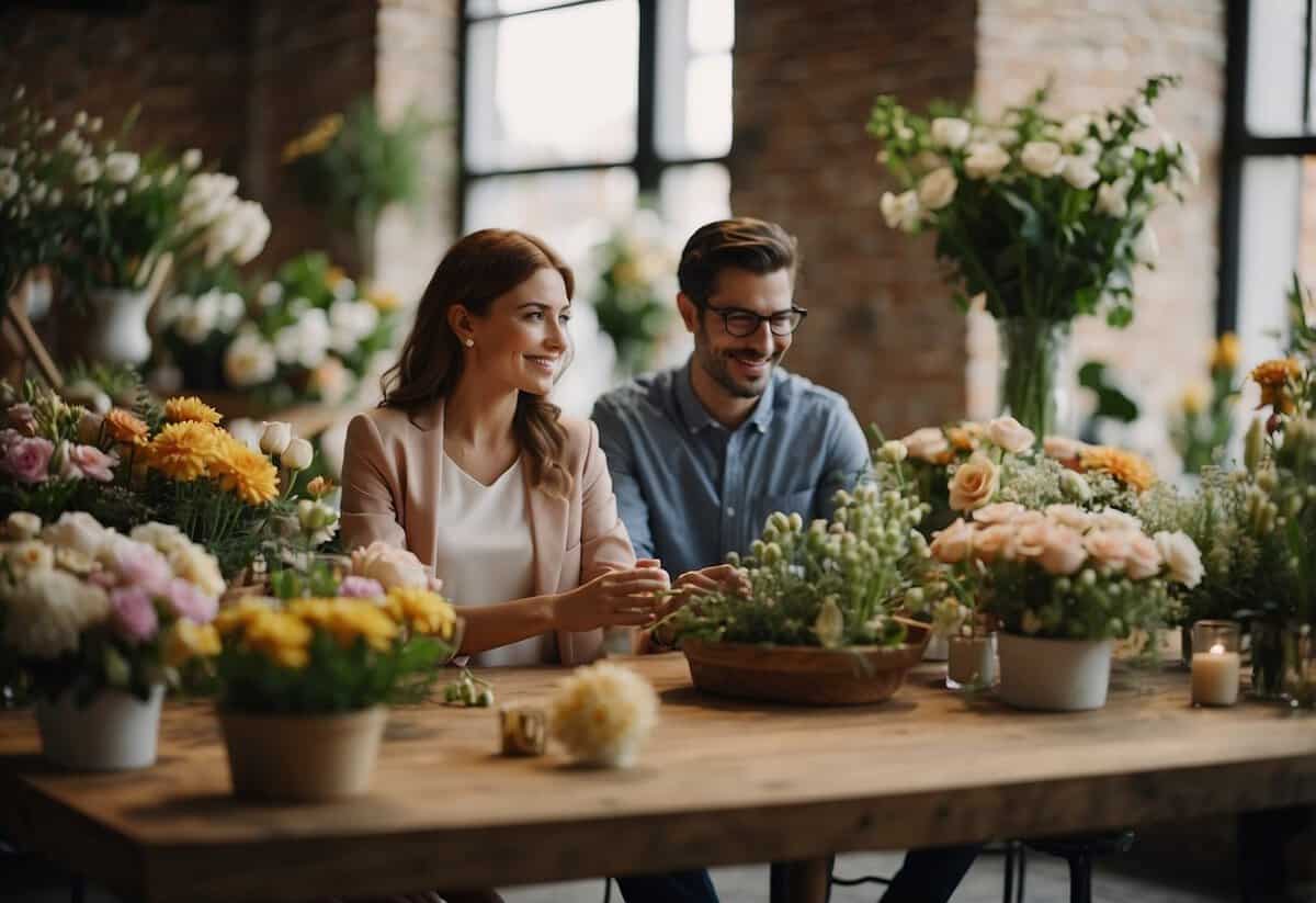 A florist consults with a couple, discussing wedding arrangements and tips. Various flowers and greenery are displayed on a table for inspiration