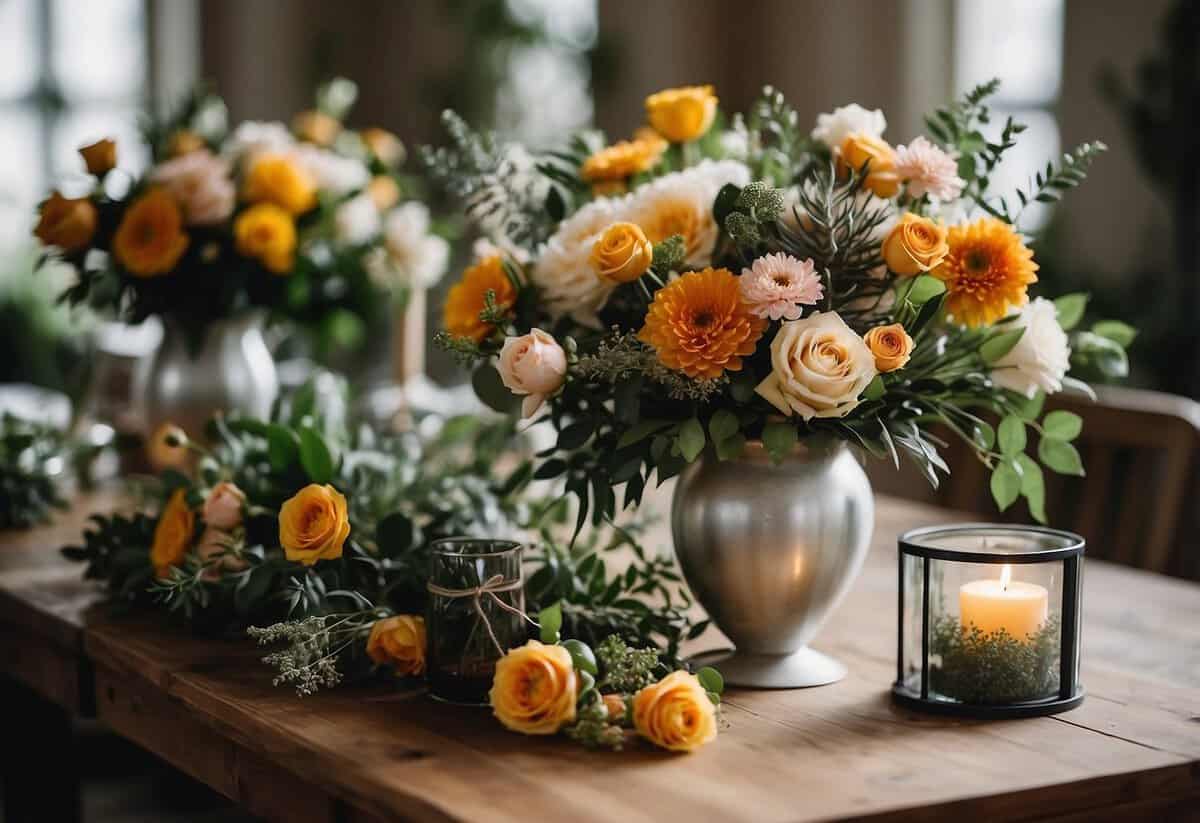A florist's portfolio with wedding tips displayed on a table. Bouquets, arrangements, and greenery are showcased in vibrant colors and elegant designs