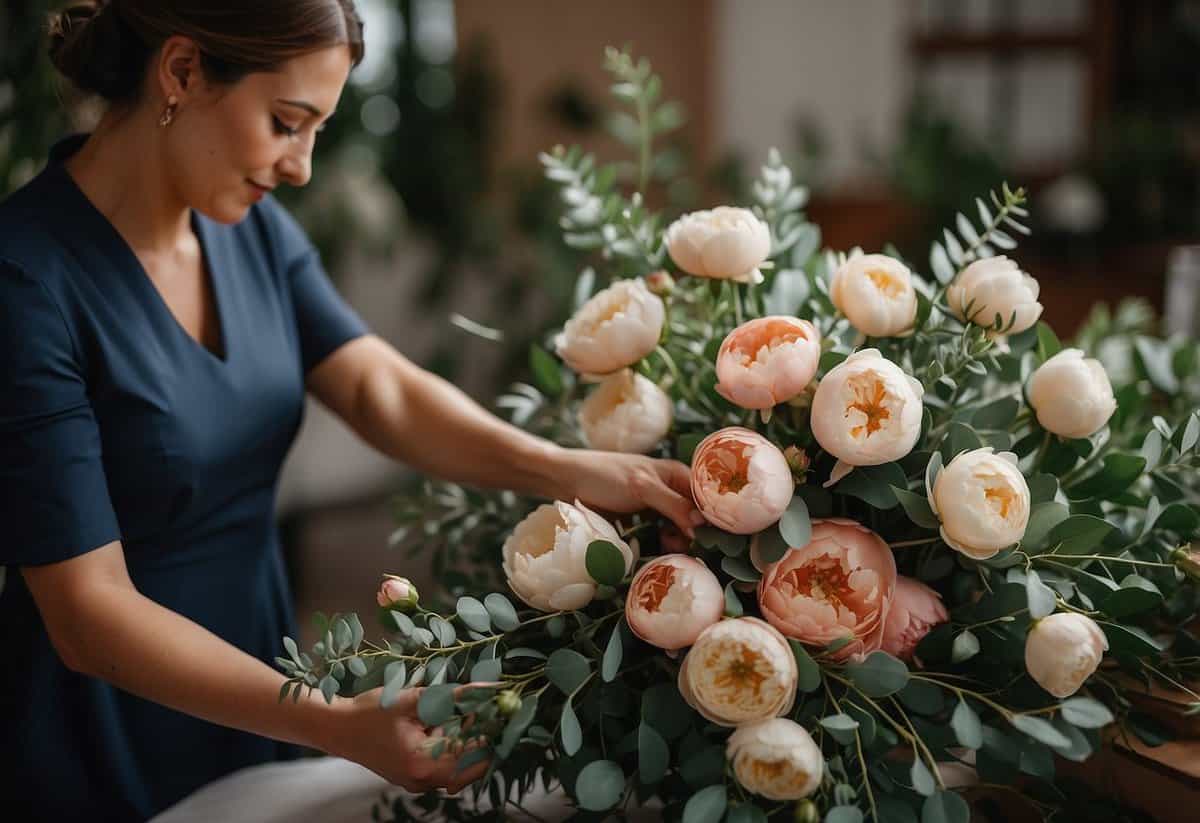 A wedding florist arranging roses, peonies, and eucalyptus in a cascading bouquet, with a focus on color coordination and texture contrast