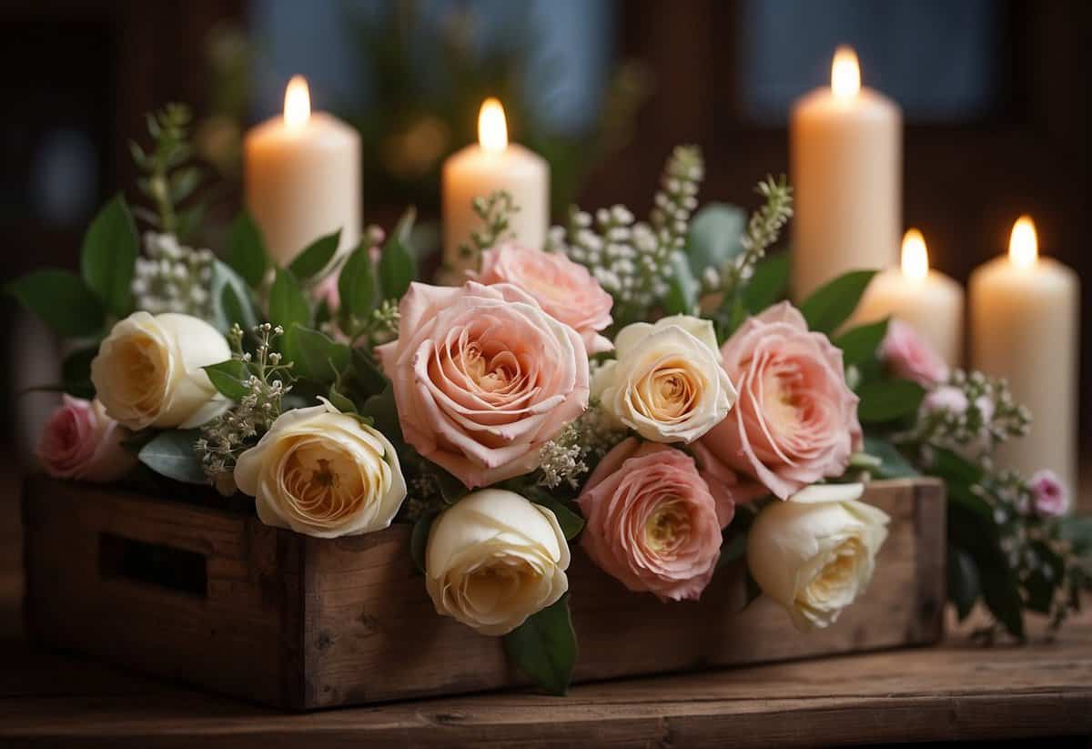 A vibrant array of flowers in shades of blush, cream, and sage arranged in a rustic wooden crate, set against a backdrop of soft candlelight