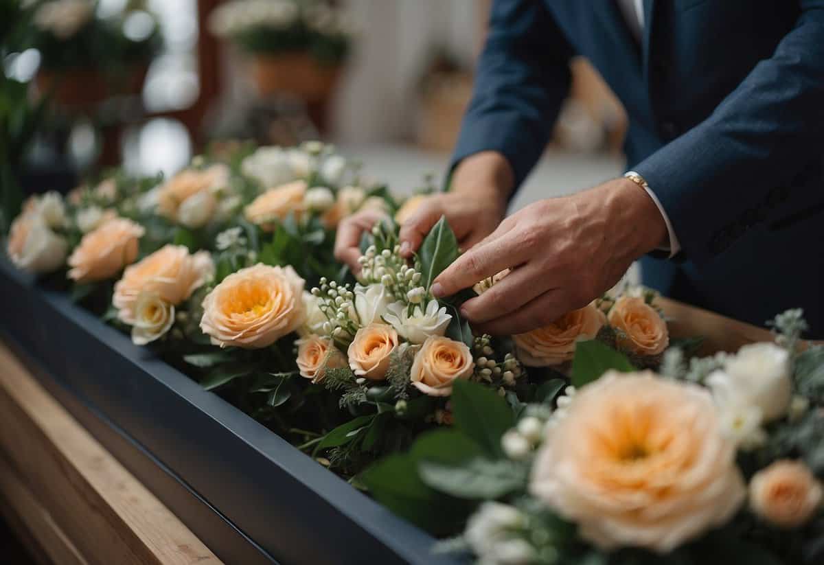 A florist placing additional boutonnières in a box with a wedding order