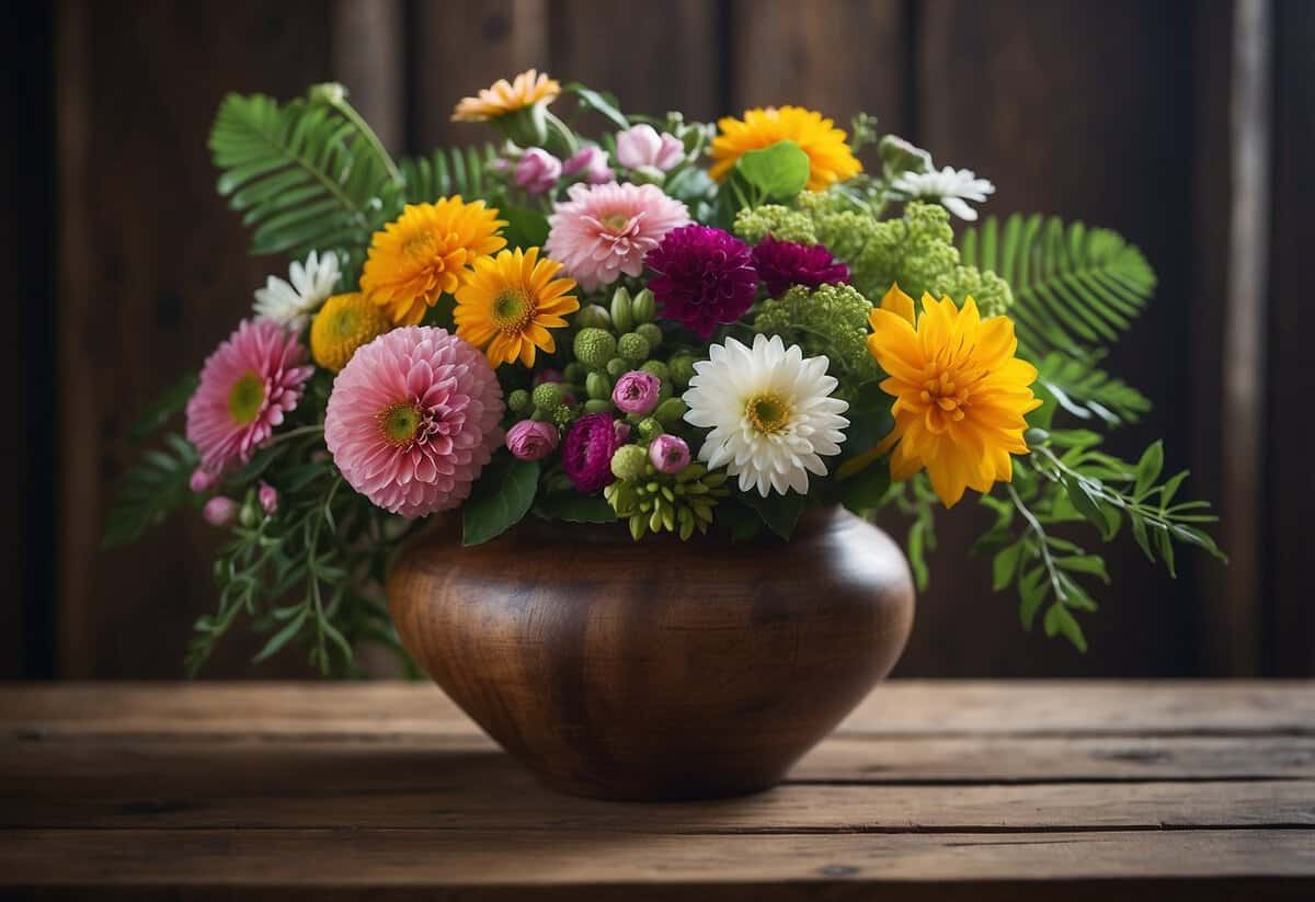 A variety of colorful blooms and lush greenery arranged in a rustic vase, with scattered petals and leaves on a wooden table