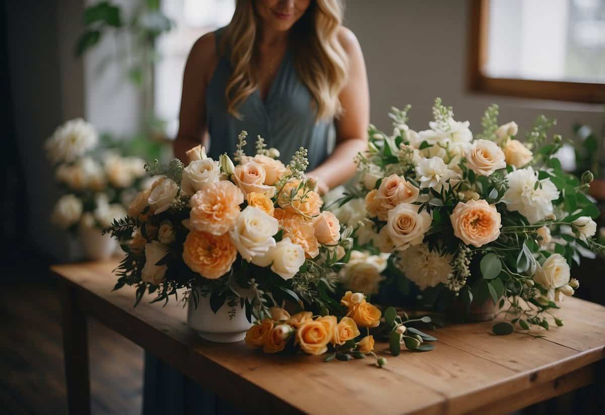 A wedding florist arranging bouquets with personal touches, adding unique details to each arrangement