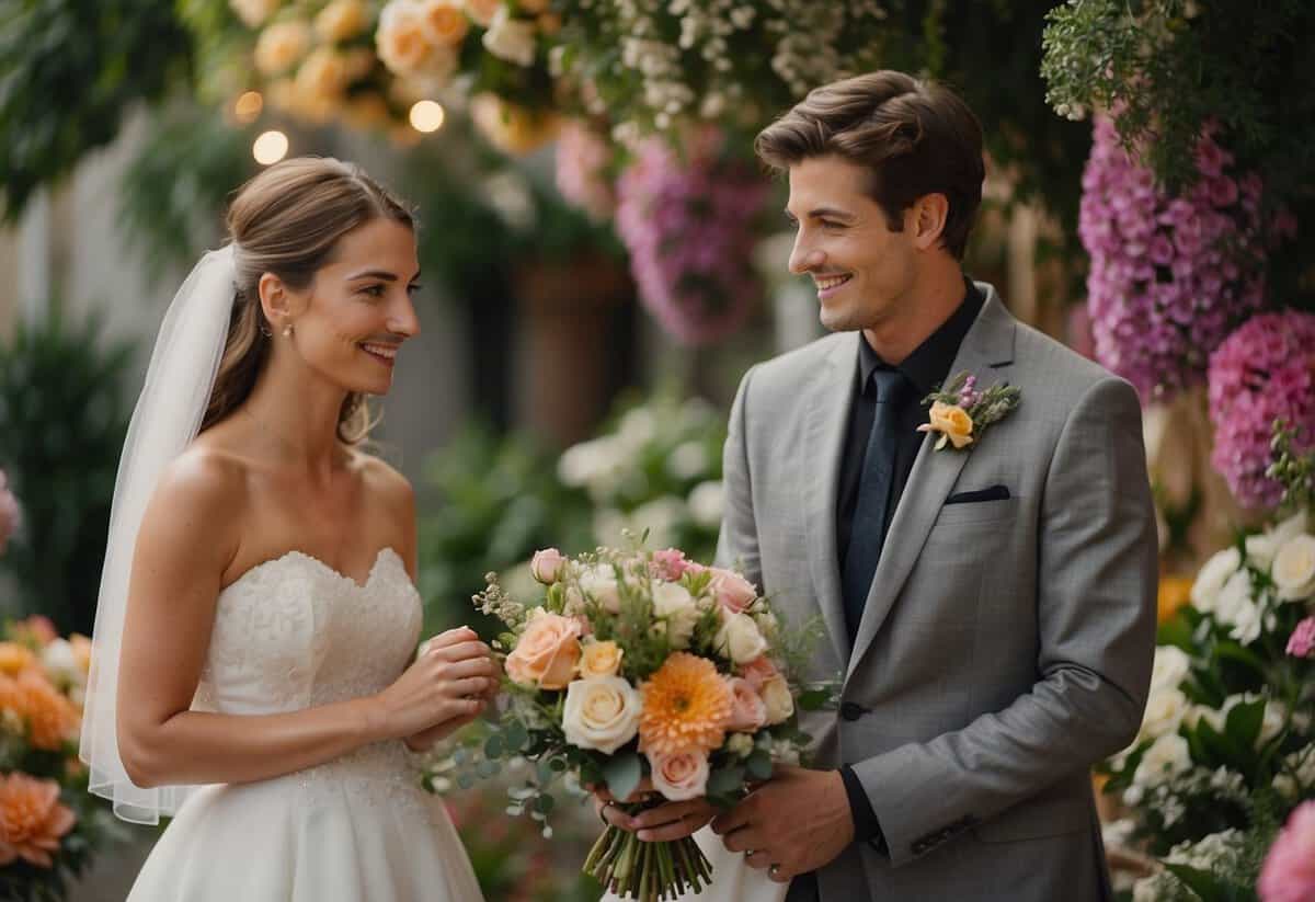 A bride and groom meet with a florist, surrounded by colorful blooms and greenery. The florist presents a variety of arrangements, while the couple discusses their vision for the perfect wedding flowers