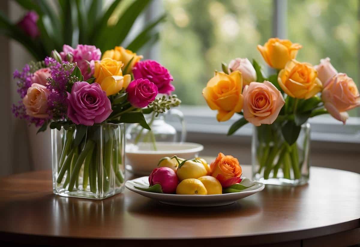 A table set with an array of colorful seasonal flowers, including roses, lilies, and tulips, arranged in various vases and containers