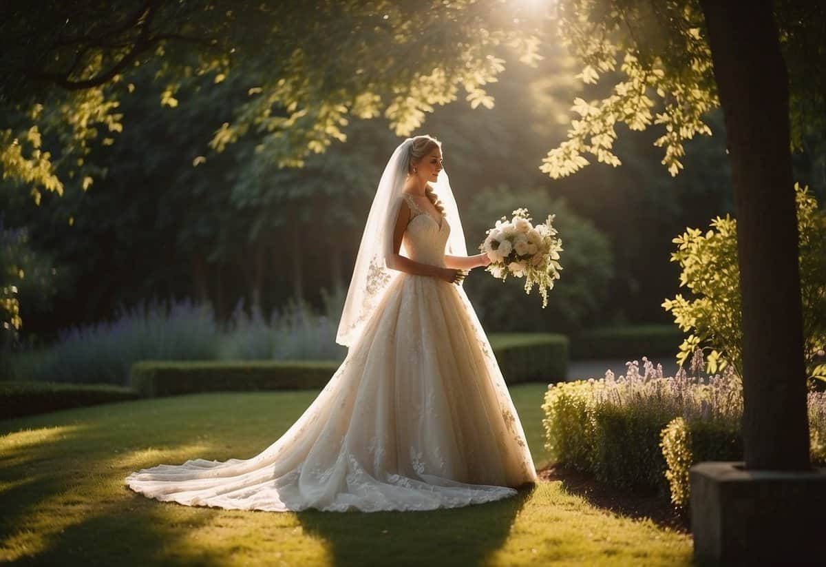 A bride in a vintage-inspired veil stands in a garden, with soft sunlight filtering through the trees, creating a romantic and timeless atmosphere